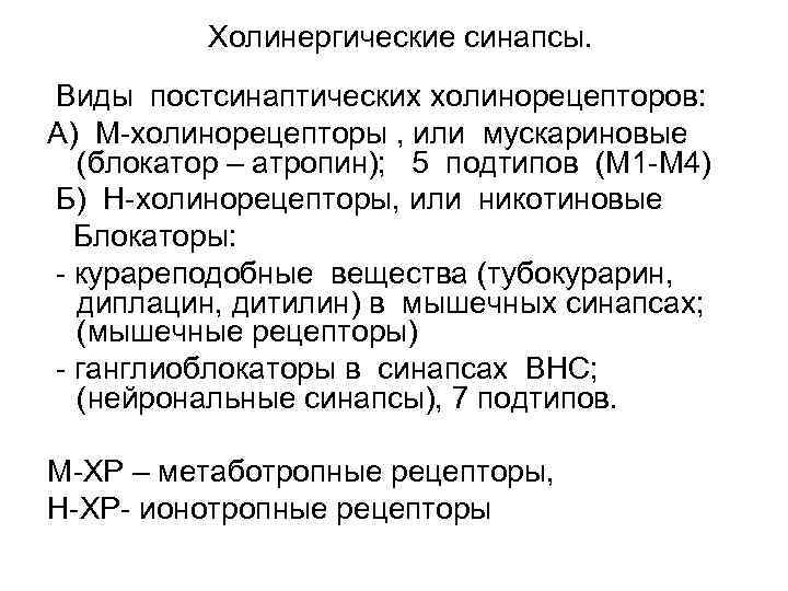 Холинергические синапсы. Виды постсинаптических холинорецепторов: А) М холинорецепторы , или мускариновые (блокатор – атропин);