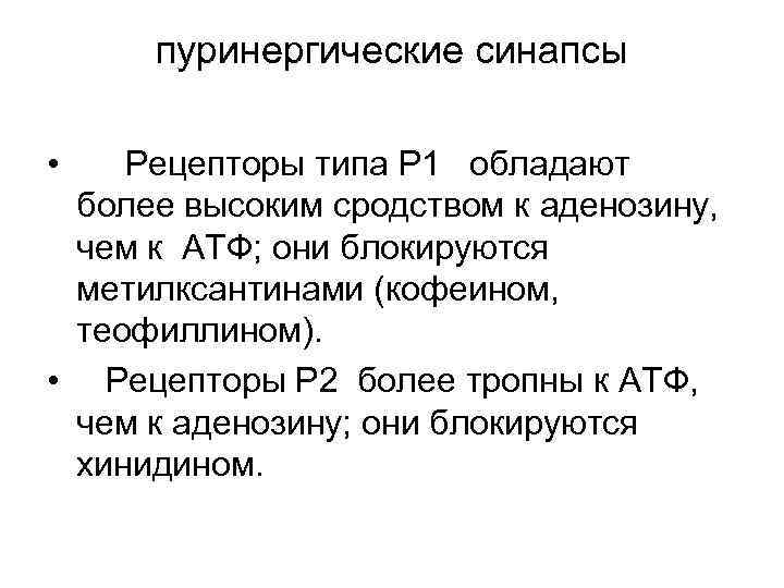 пуринергические синапсы • Рецепторы типа Р 1 обладают более высоким сродством к аденозину, чем