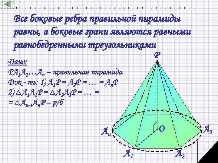 Все боковые ребра правильной пирамиды равны, а боковые грани являются равными равнобедренными треугольниками Р