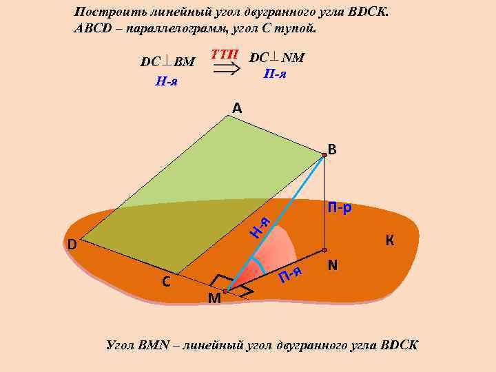 Построить линейный угол двугранного угла ВDСК. АВСD – параллелограмм, угол С тупой. DС В