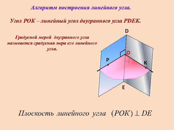 Алгоритм построения линейного угла. Угол РОК – линейный угол двугранного угла РDEК. D Градусной