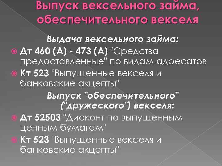 Выпуск вексельного займа, обеспечительного векселя Выдача вексельного займа: Дт 460 (А) - 473 (А)