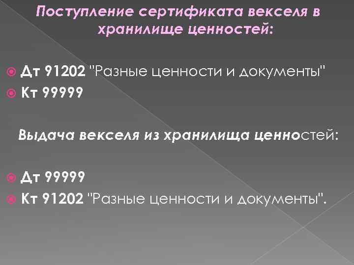 Поступление сертификата векселя в хранилище ценностей: Дт 91202 "Разные ценности и документы" Кт 99999