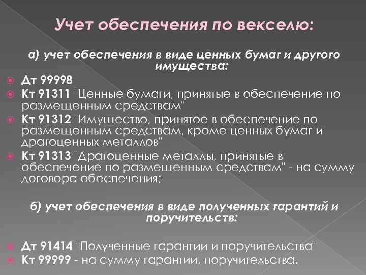 Учет обеспечения по векселю: а) учет обеспечения в виде ценных бумаг и другого имущества: