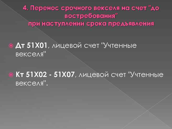 4. Перенос срочного векселя на счет "до востребования" при наступлении срока предъявления Дт 51