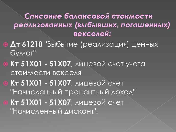 Списание балансовой стоимости реализованных (выбывших, погашенных) векселей: Дт 61210 "Выбытие (реализация) ценных бумаг" Кт