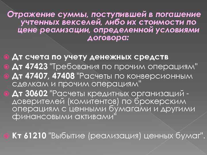 Отражение суммы, поступившей в погашение учтенных векселей, либо их стоимости по цене реализации, определенной