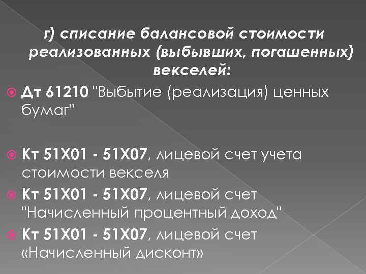 г) списание балансовой стоимости реализованных (выбывших, погашенных) векселей: Дт 61210 "Выбытие (реализация) ценных бумаг"