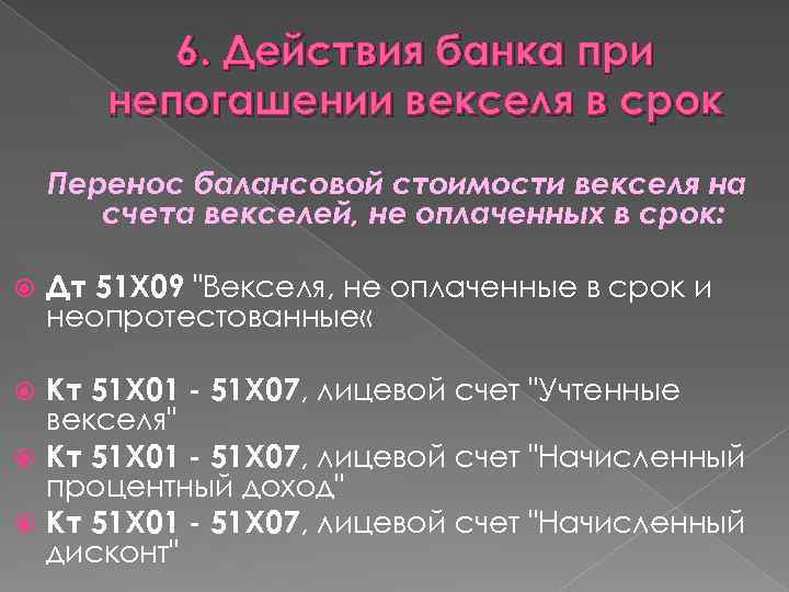 6. Действия банка при непогашении векселя в срок Перенос балансовой стоимости векселя на счета