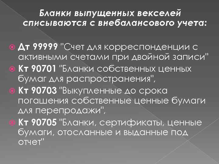 Бланки выпущенных векселей списываются с внебалансового учета: Дт 99999 "Счет для корреспонденции с активными
