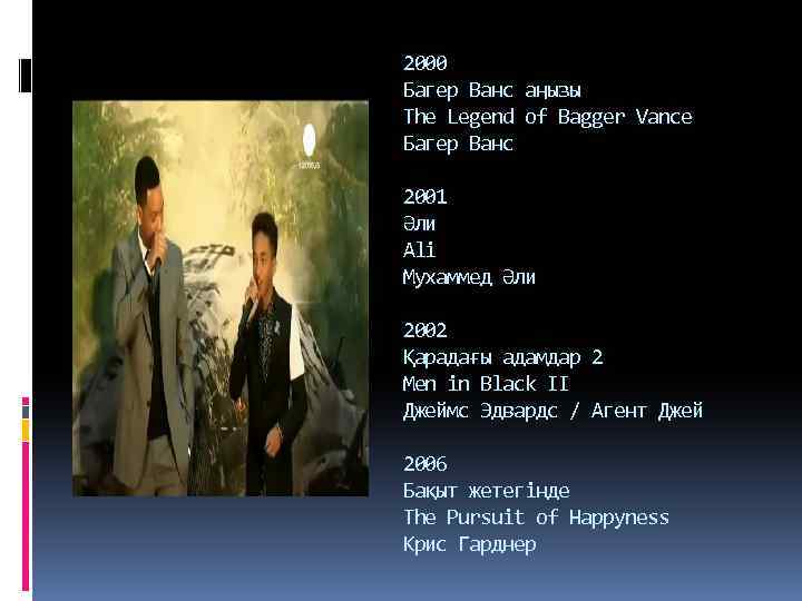 2000 Багер Ванс аңызы The Legend of Bagger Vance Багер Ванс 2001 Әли Ali