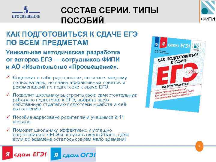 СОСТАВ СЕРИИ. ТИПЫ ПОСОБИЙ КАК ПОДГОТОВИТЬСЯ К СДАЧЕ ЕГЭ ПО ВСЕМ ПРЕДМЕТАМ Уникальная методическая