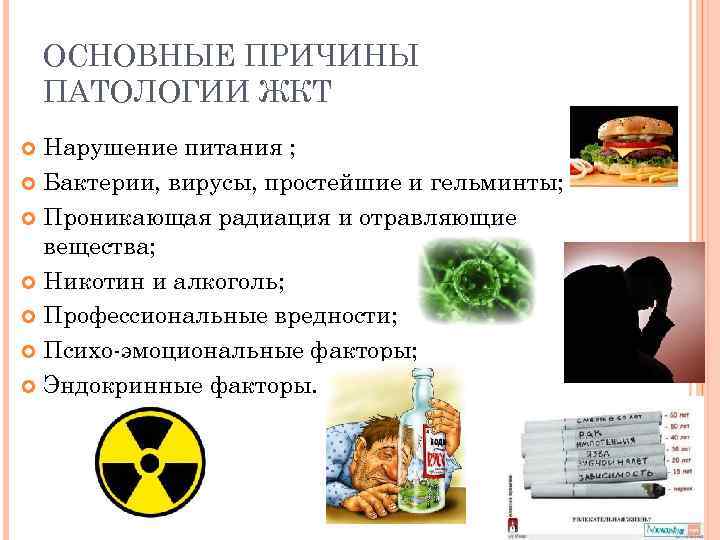 ОСНОВНЫЕ ПРИЧИНЫ ПАТОЛОГИИ ЖКТ Нарушение питания ; Бактерии, вирусы, простейшие и гельминты; Проникающая радиация