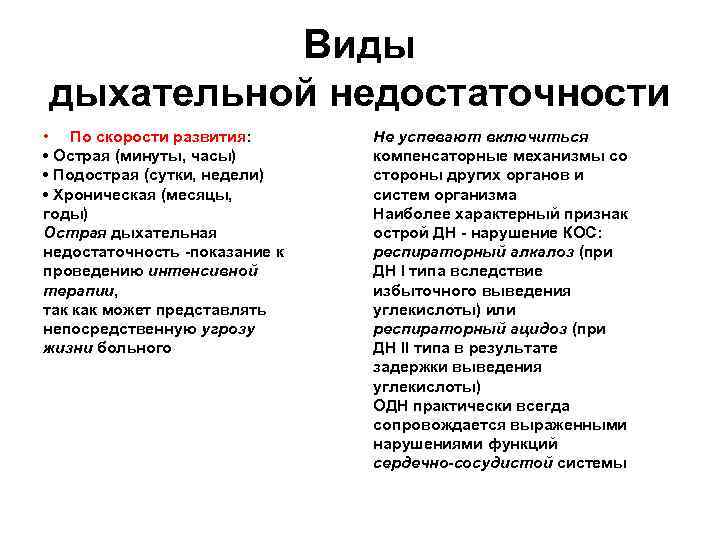 Виды дыхательной недостаточности • По скорости развития: • Острая (минуты, часы) • Подострая (сутки,