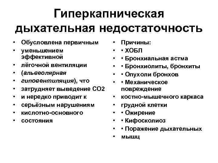 Гиперкапническая дыхательная недостаточность • Обусловлена первичным • уменьшением эффективной • лёгочной вентиляции • (альвеолярная