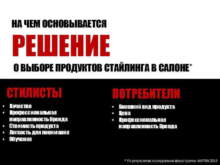 НА ЧЕМ ОСНОВЫВАЕТСЯ РЕШЕНИЕ О ВЫБОРЕ ПРОДУКТОВ СТАЙЛИНГА В САЛОНЕ* СТИЛИСТЫ • Качество •