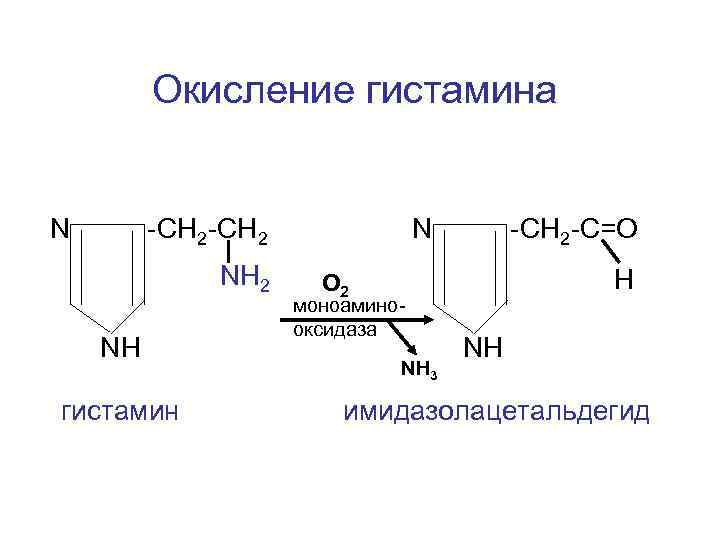 Окисление гистамина N -CH 2 NH гистамин N -CH 2 -C=О Н O 2