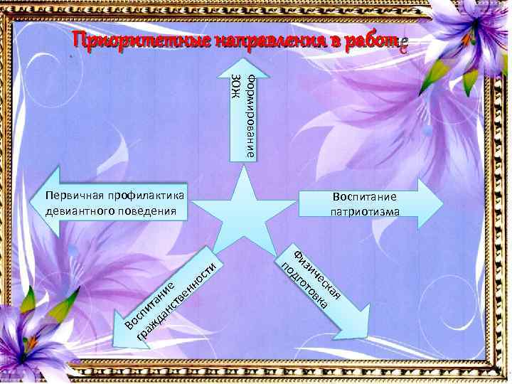 Приоритетные направления в работ е Формирование ЗОЖ Первичная профилактика девиантного поведения Воспитание патриотизма н