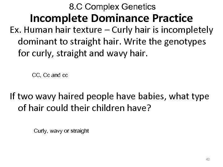 8. C Complex Genetics Incomplete Dominance Practice Ex. Human hair texture – Curly hair