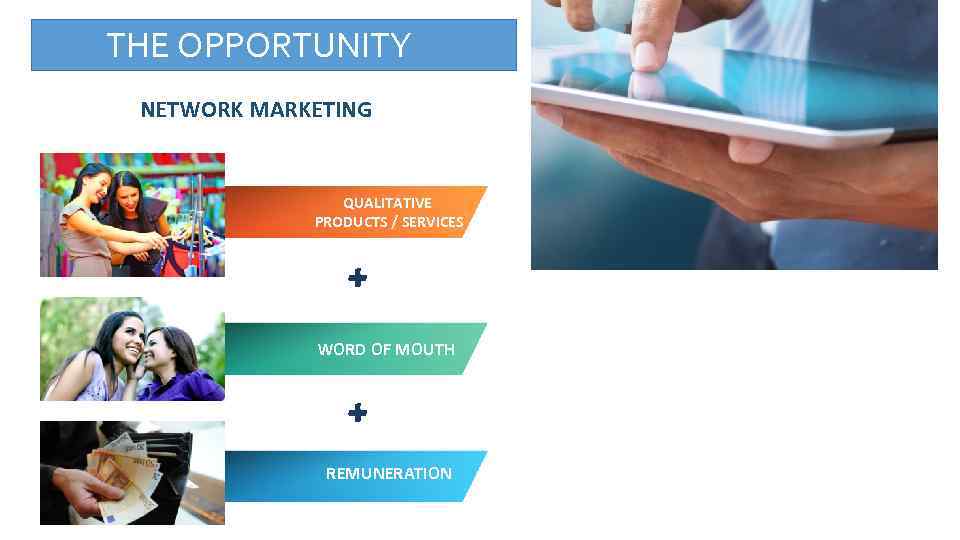 THE OPPORTUNITY NETWORK MARKETING QUALITATIVE PRODUCTS / SERVICES + WORD OF MOUTH + REMUNERATION
