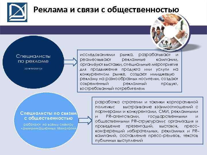 Реклама и связи с общественностью исследованиями рынка, разрабатывают и реализовывают рекламные кампании, организуют выставки,