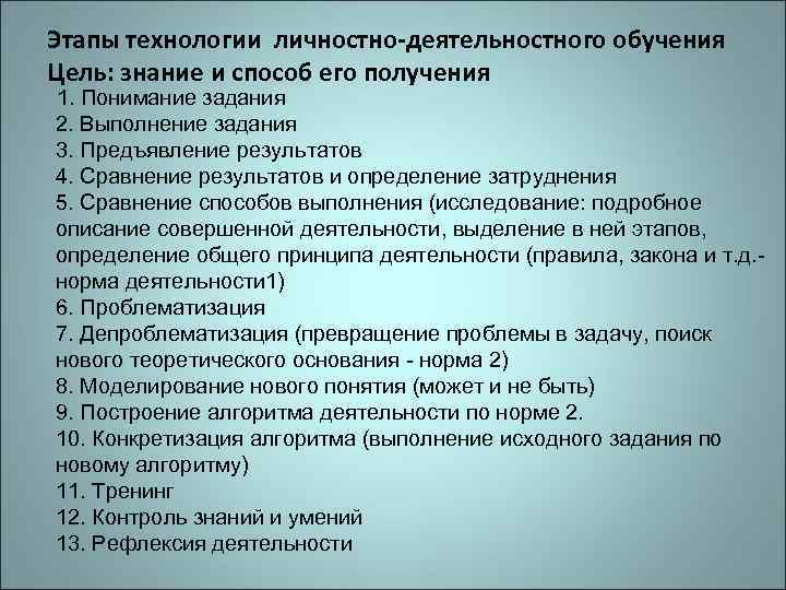 Этапы технологии личностно-деятельностного обучения Цель: знание и способ его получения 1. Понимание задания 2.