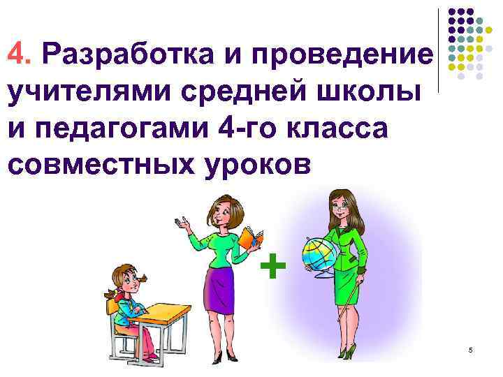 4. Разработка и проведение учителями средней школы и педагогами 4 -го класса совместных уроков