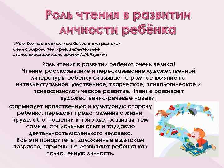 Роль чтения в развитии личности ребёнка «Чем больше я читал, тем более книги роднили