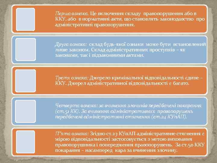 Перша ознака. Це включення складу правопорушення або в ККУ, або в нормативні акти, що