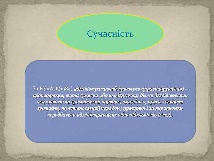 Сучасність За КУп. АП (1984) адміністративний проступок(правопорушення) – протиправна, винна (умисна або необережна) дія