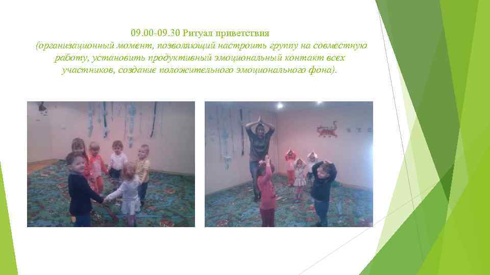 09. 00 -09. 30 Ритуал приветствия (организационный момент, позволяющий настроить группу на совместную работу,