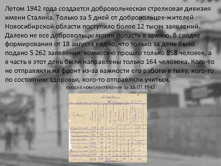 Летом 1942 года создается добровольческая стрелковая дивизия имени Сталина. Только за 5 дней от