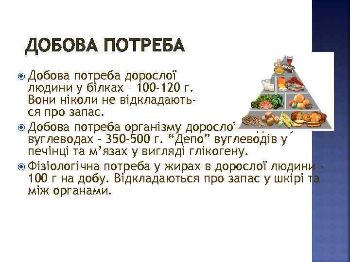 ДОБОВА ПОТРЕБА Добова потреба дорослої людини у білках – 100 -120 г. Вони ніколи