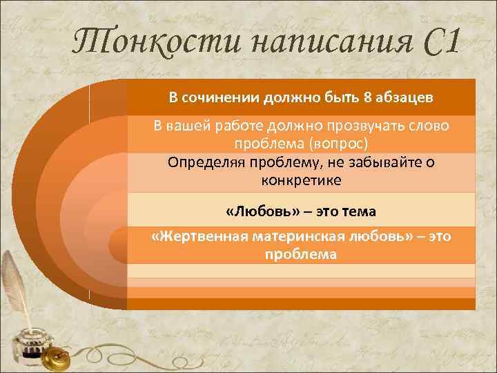 Тонкости написания С 1 В сочинении должно быть 8 абзацев В вашей работе должно