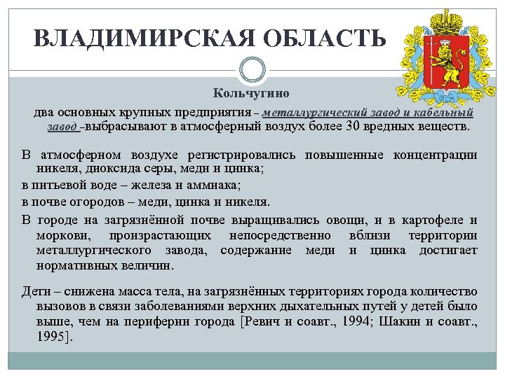 ВЛАДИМИРСКАЯ ОБЛАСТЬ Кольчугино два основных крупных предприятия – металлургический завод и кабельный завод –выбрасывают