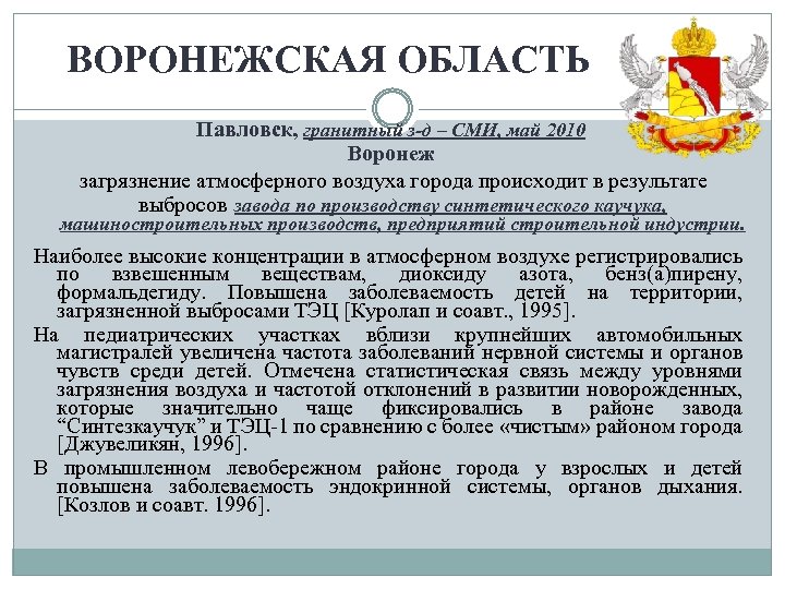ВОРОНЕЖСКАЯ ОБЛАСТЬ Павловск, гранитный з-д – СМИ, май 2010 Воронеж загрязнение атмосферного воздуха города