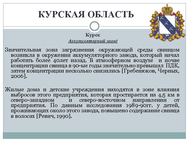 КУРСКАЯ ОБЛАСТЬ Курск Аккумуляторный завод Значительная зона загрязнения окружающей среды свинцом возникла в окружении