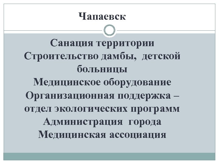 Чапаевск Санация территории Строительство дамбы, детской больницы Медицинское оборудование Организационная поддержка – отдел экологических