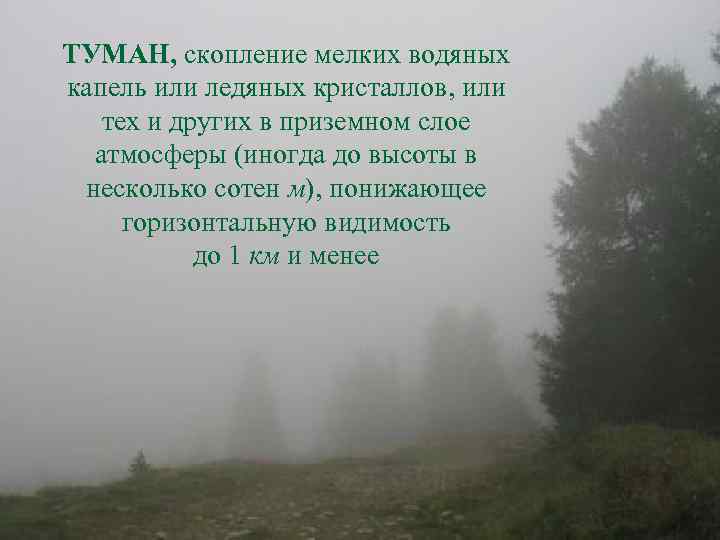 ТУМАН, скопление мелких водяных капель или ледяных кристаллов, или тех и других в приземном