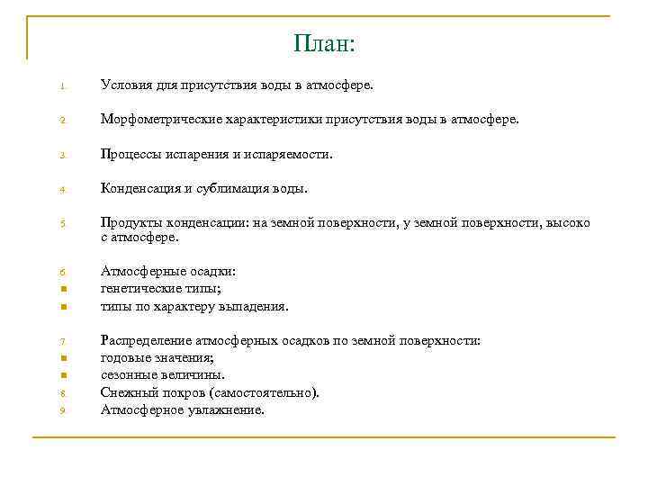 План: 1. Условия для присутствия воды в атмосфере. 2. Морфометрические характеристики присутствия воды в