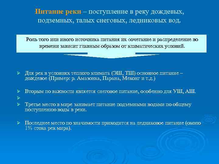 Питание реки – поступление в реку дождевых, подземных, талых снеговых, ледниковых вод. Роль того