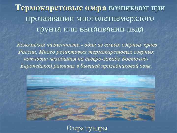 Термокарстовые озера возникают при протаивании многолетнемерзлого грунта или вытаивании льда Колымская низменность - один