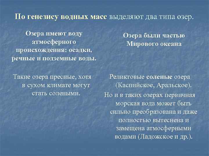 По генезису водных масс выделяют два типа озер. Озера имеют воду атмосферного происхождения: осадки,