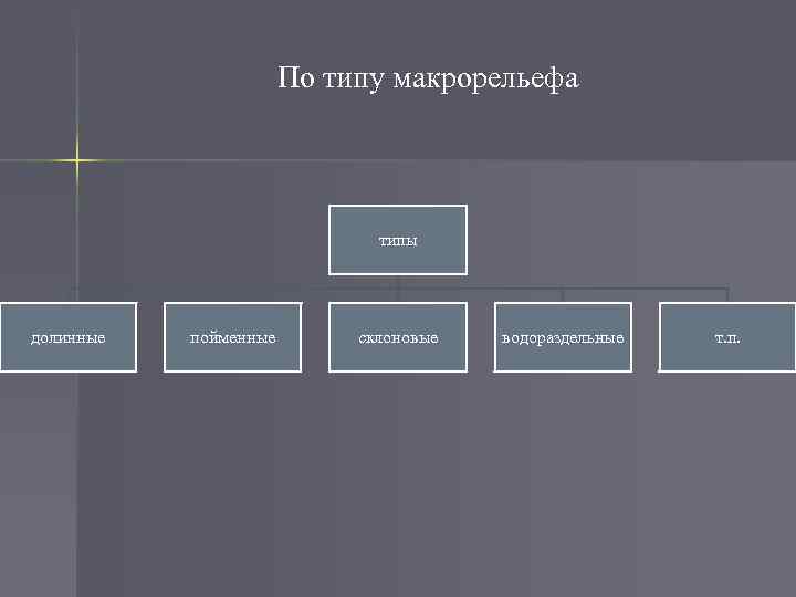 По типу макрорельефа типы долинные пойменные склоновые водораздельные т. п. 