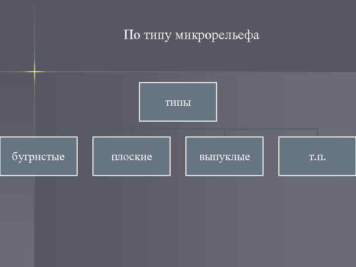 По типу микрорельефа типы бугристые плоские выпуклые т. п. 