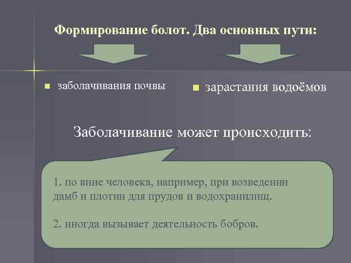 Формирование болот. Два основных пути: n заболачивания почвы n зарастания водоёмов Заболачивание может происходить: