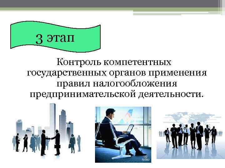 3 этап Контроль компетентных государственных органов применения правил налогообложения предпринимательской деятельности. 