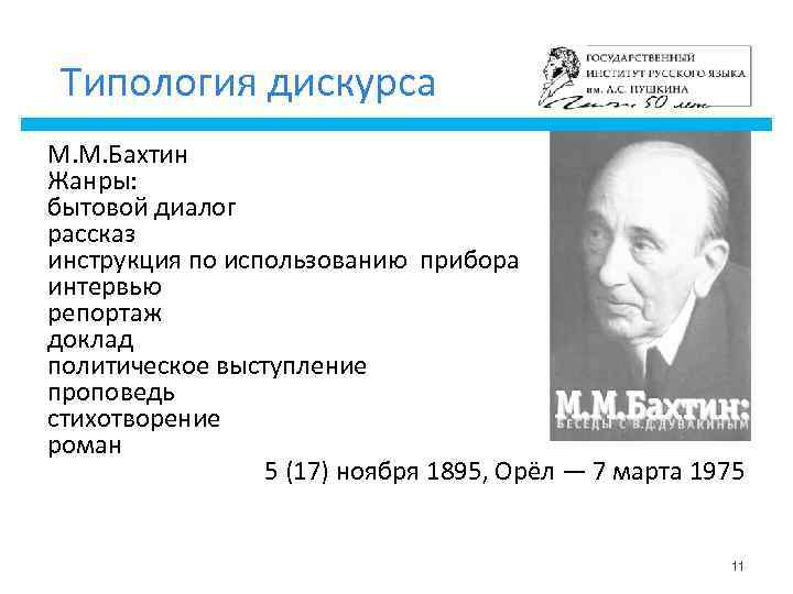 Типология дискурса М. М. Бахтин Жанры: бытовой диалог рассказ инструкция по использованию прибора интервью