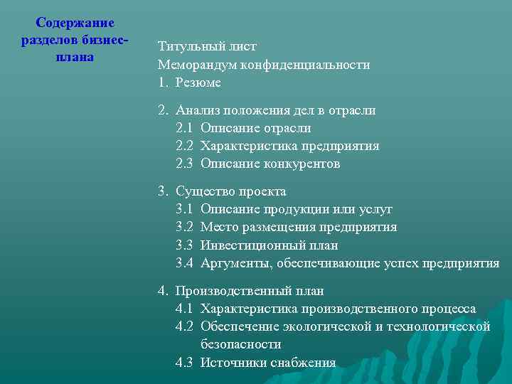 Содержание разделов бизнесплана Титульный лист Меморандум конфиденциальности 1. Резюме 2. Анализ положения дел в