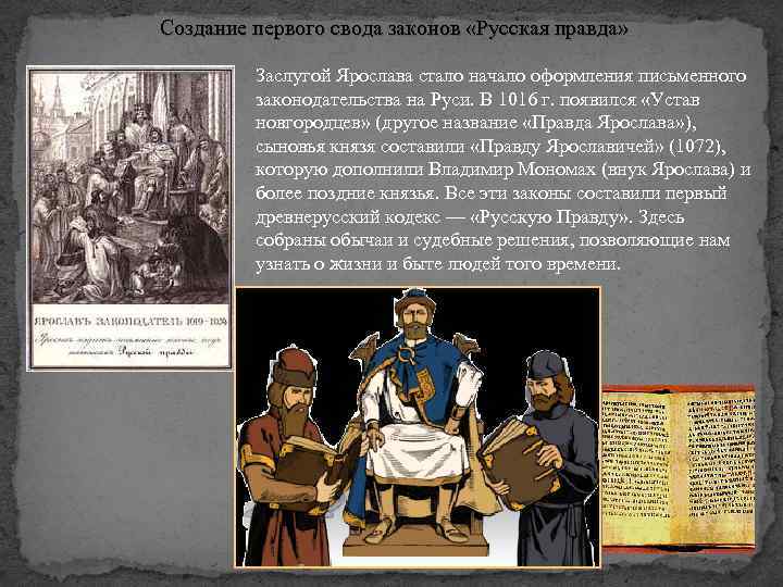 Создание первого свода законов «Русская правда» Заслугой Ярослава стало начало оформления письменного законодательства на